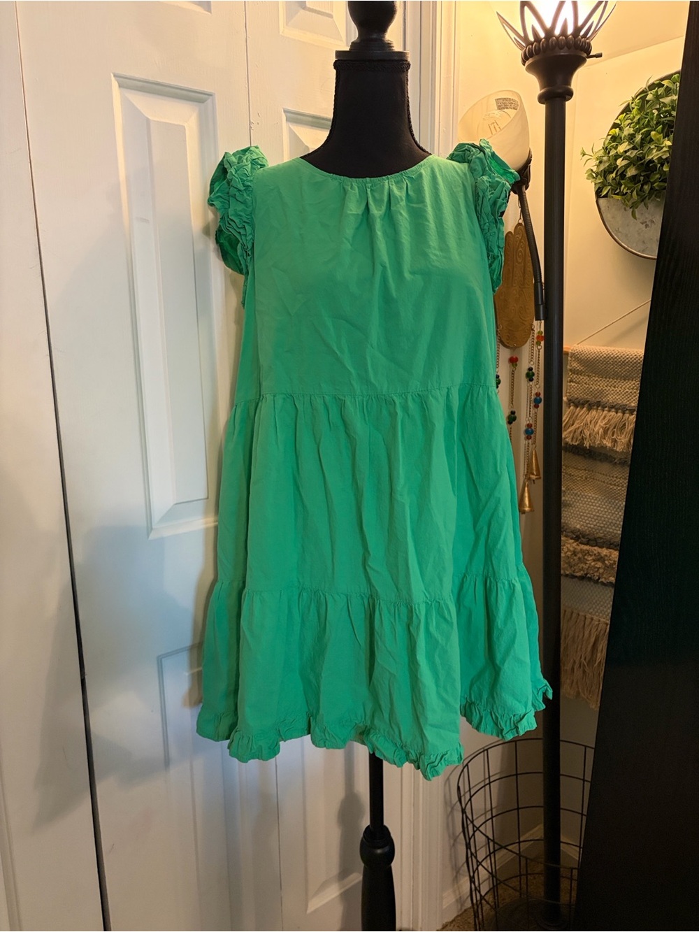 Ruffled Sleeve Tiered Mini Dress in Green